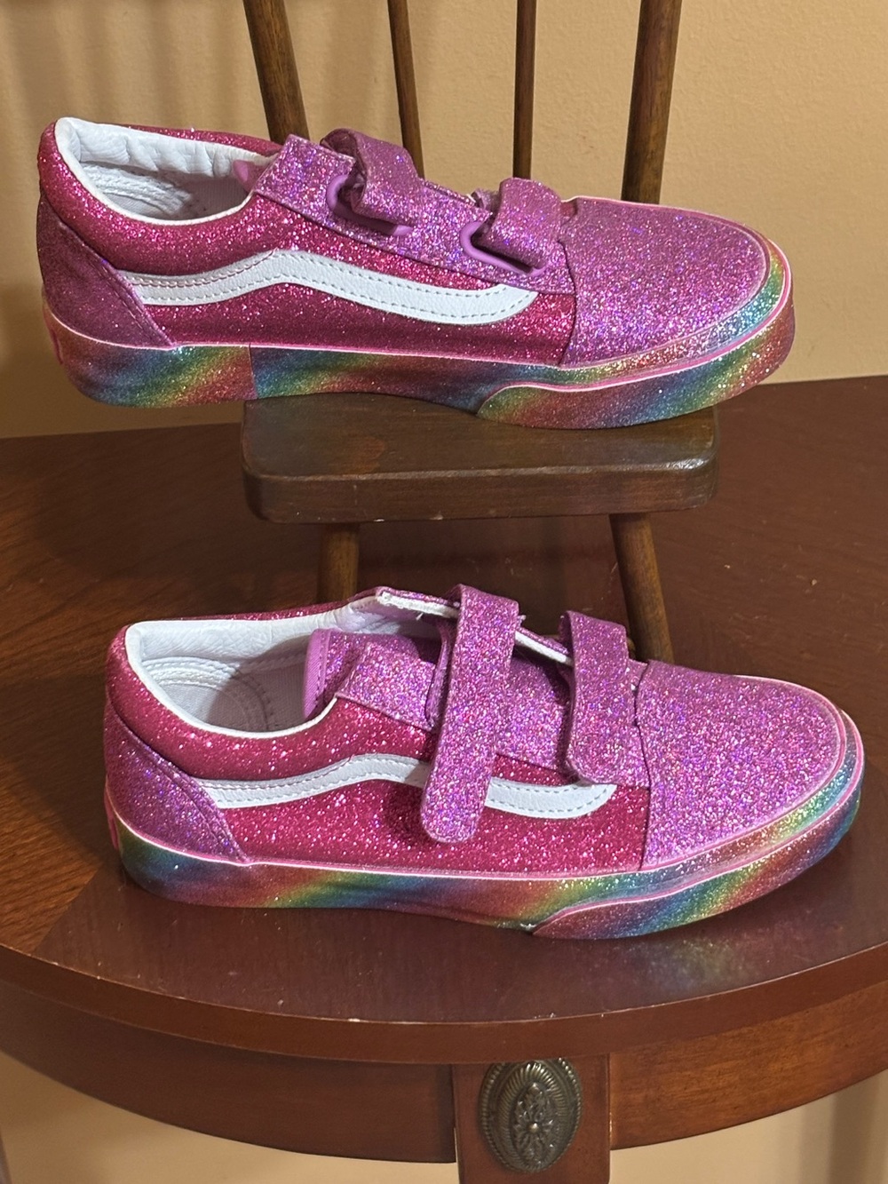 Vans Kids Pink Glitter Velcro Sneakers with Rainbow Sole